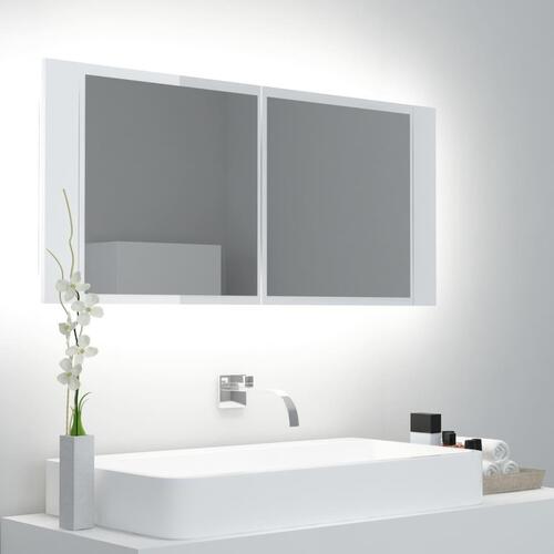 Badeværelsesskab m. spejl+LED-lys 100x12x45 akryl hvid højglans