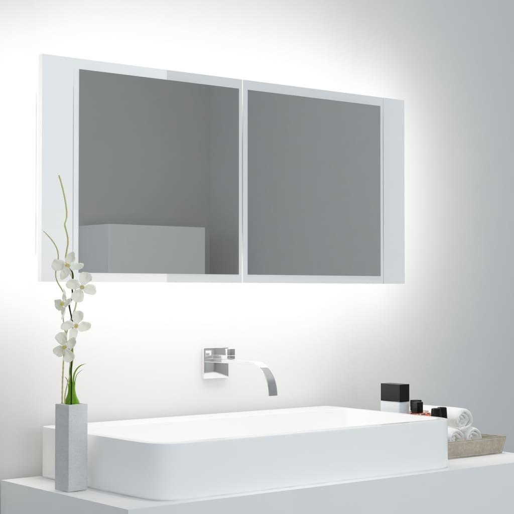 Badeværelsesskab m. spejl+LED-lys 100x12x45 akryl hvid højglans