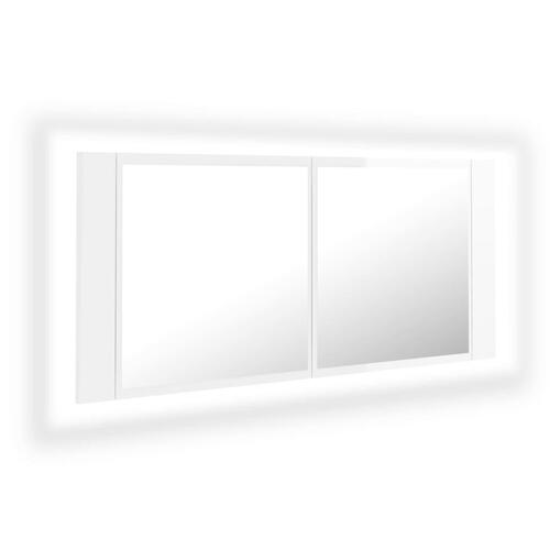 Badeværelsesskab m. spejl+LED-lys 100x12x45 akryl hvid højglans