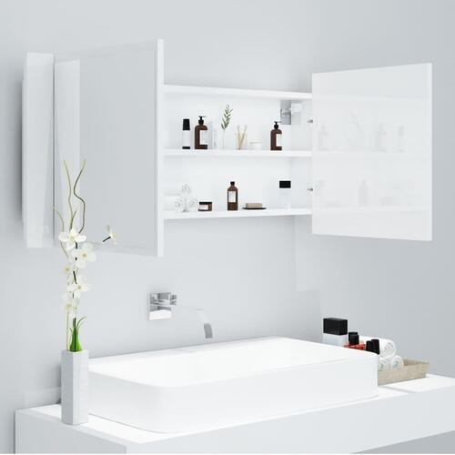Badeværelsesskab m. spejl+LED-lys 100x12x45 akryl hvid højglans
