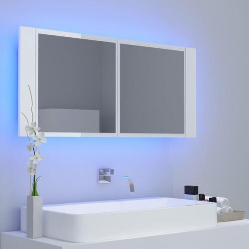 Badeværelsesskab m. spejl+LED-lys 100x12x45 akryl hvid højglans