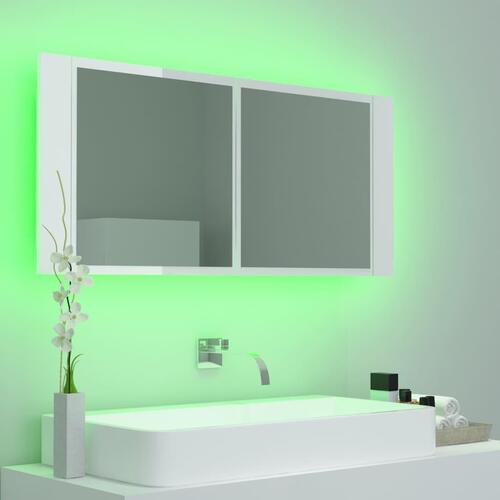 Badeværelsesskab m. spejl+LED-lys 100x12x45 akryl hvid højglans