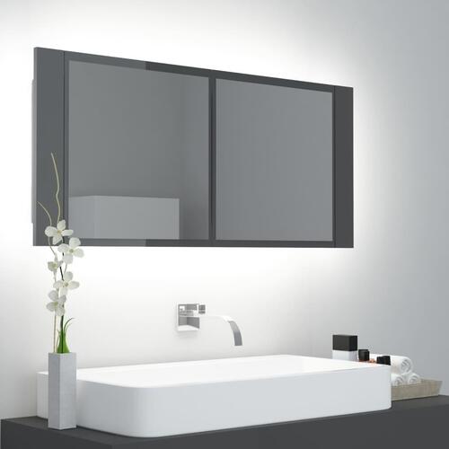 Badeværelsesskab m. spejl+LED-lys 100x12x45 akryl grå højglans