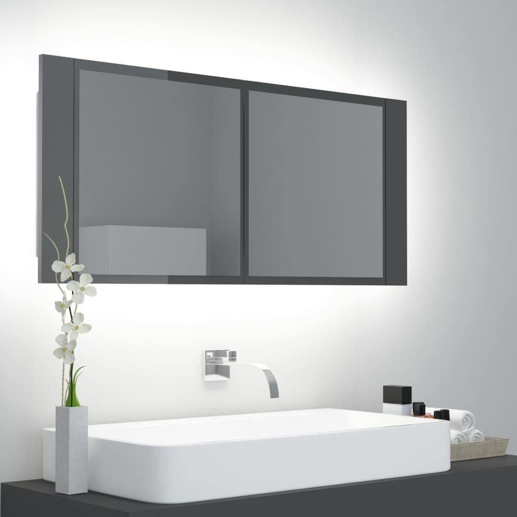 Badeværelsesskab m. spejl+LED-lys 100x12x45 akryl grå højglans