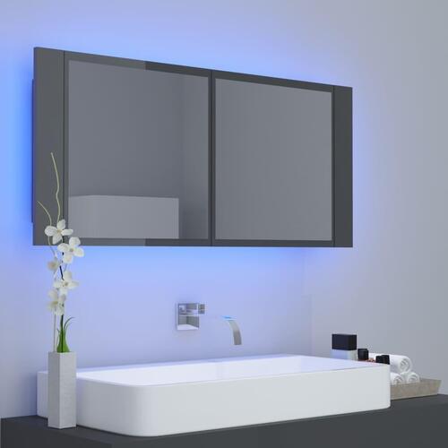 Badeværelsesskab m. spejl+LED-lys 100x12x45 akryl grå højglans