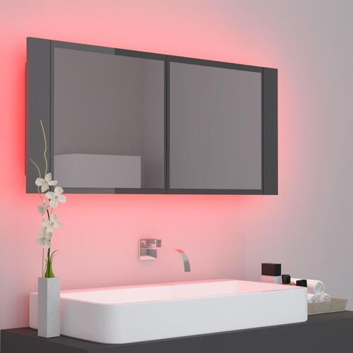 Badeværelsesskab m. spejl+LED-lys 100x12x45 akryl grå højglans