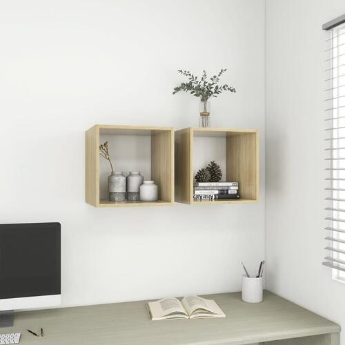 Vægskab 2 stk. 37x37x37 cm konstrueret træ hvid og sonoma-eg