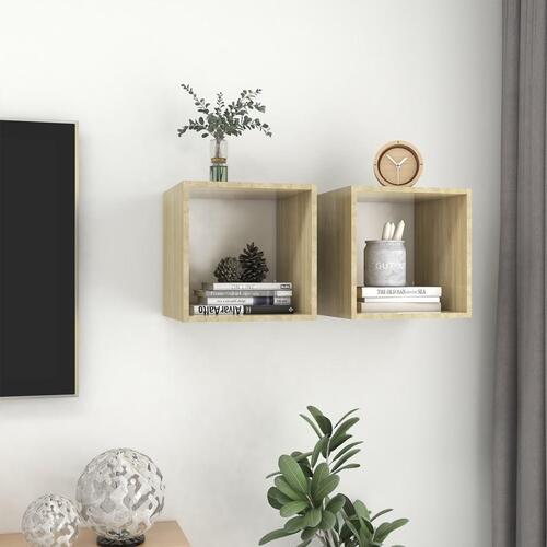 Vægskab 2 stk. 37x37x37 cm konstrueret træ hvid og sonoma-eg
