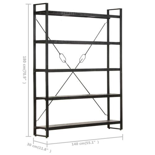 Bogreol med 5 hylder 140x30x180 cm massivt mangotræ sort