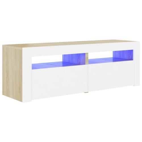 Tv-bord med LED-lys 120x35x40 cm hvid og sonoma-eg