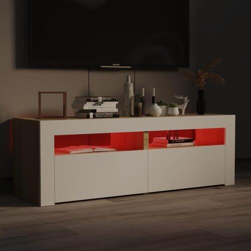 Tv-bord med LED-lys 120x35x40 cm hvid og sonoma-eg