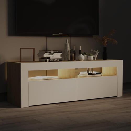 Tv-bord med LED-lys 120x35x40 cm hvid og sonoma-eg