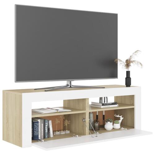 Tv-bord med LED-lys 120x35x40 cm hvid og sonoma-eg