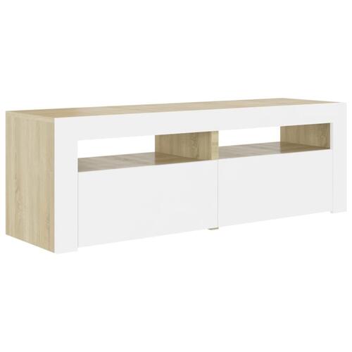 Tv-bord med LED-lys 120x35x40 cm hvid og sonoma-eg