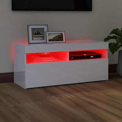 Tv-skab med LED-lys 90x35x40 cm hvid højglans