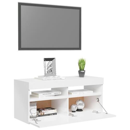 Tv-skab med LED-lys 90x35x40 cm hvid højglans