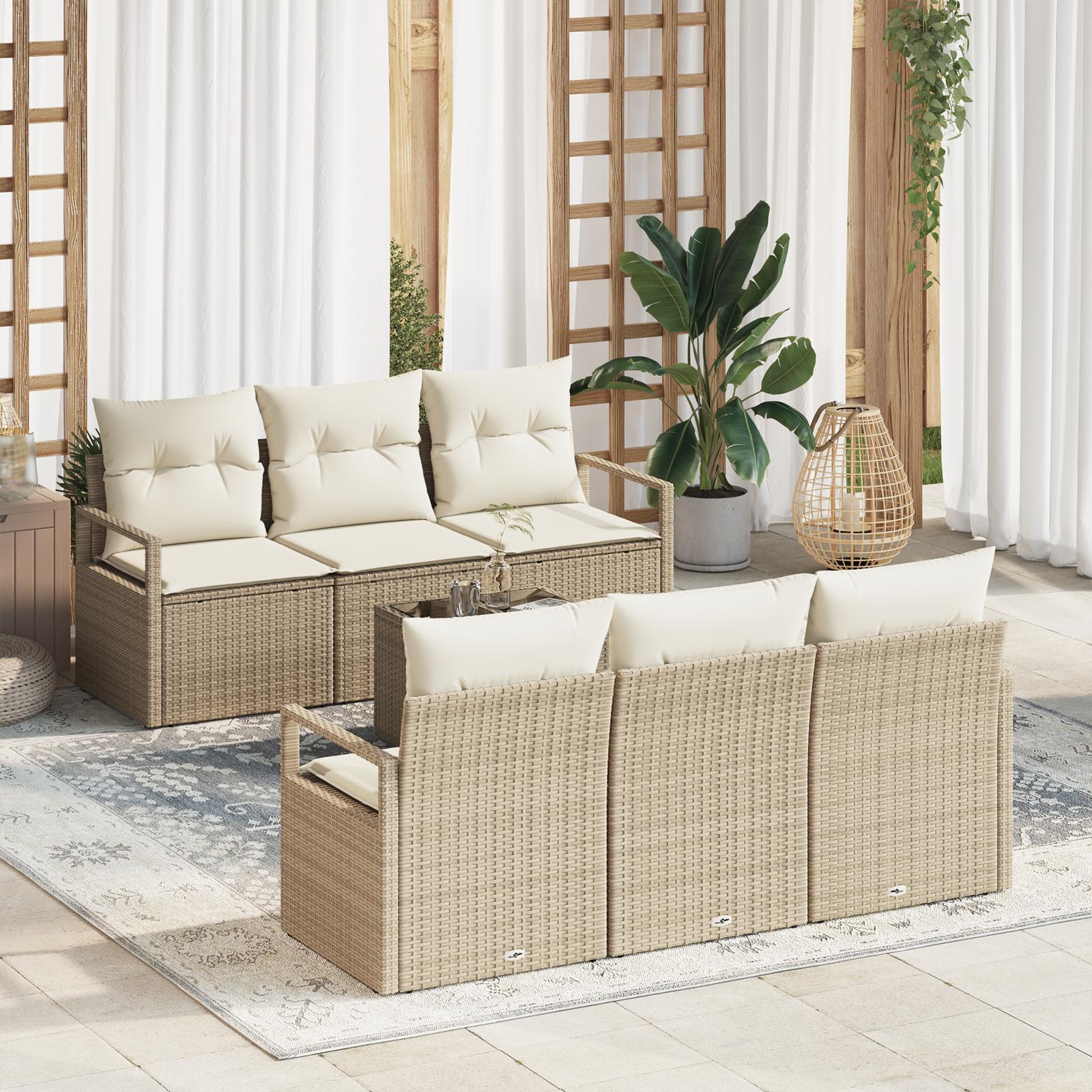 7-delt Havemøbel Sæt med Hynder Beige Poly Rattan,  2-personers Havemøbel Sofa med Hynder Beige Poly Rattan