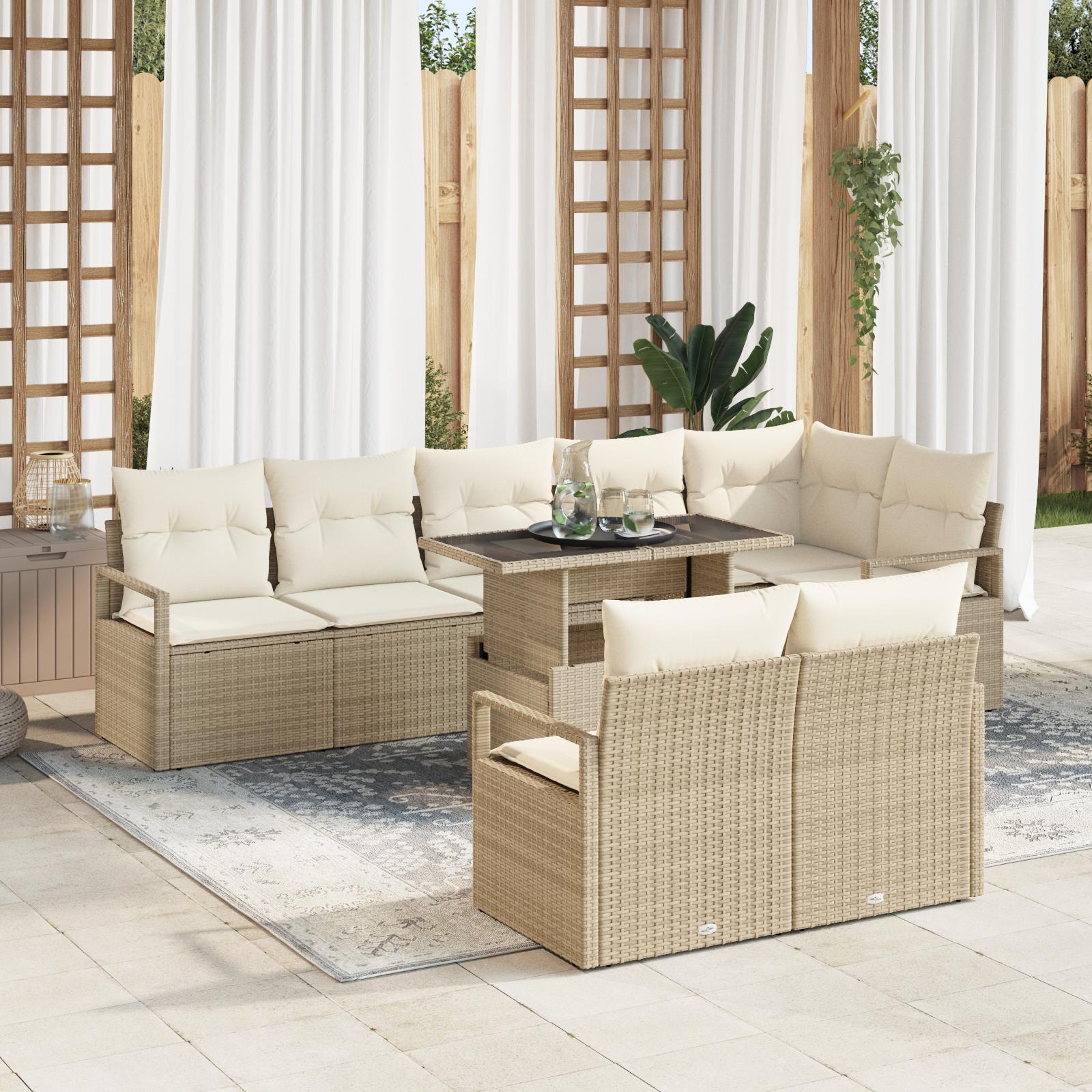 9 Stykke Havesofa Sæt med Puder Beige Poly Rattan,  2-personers Havesofa med Puder Beige Poly Rattan