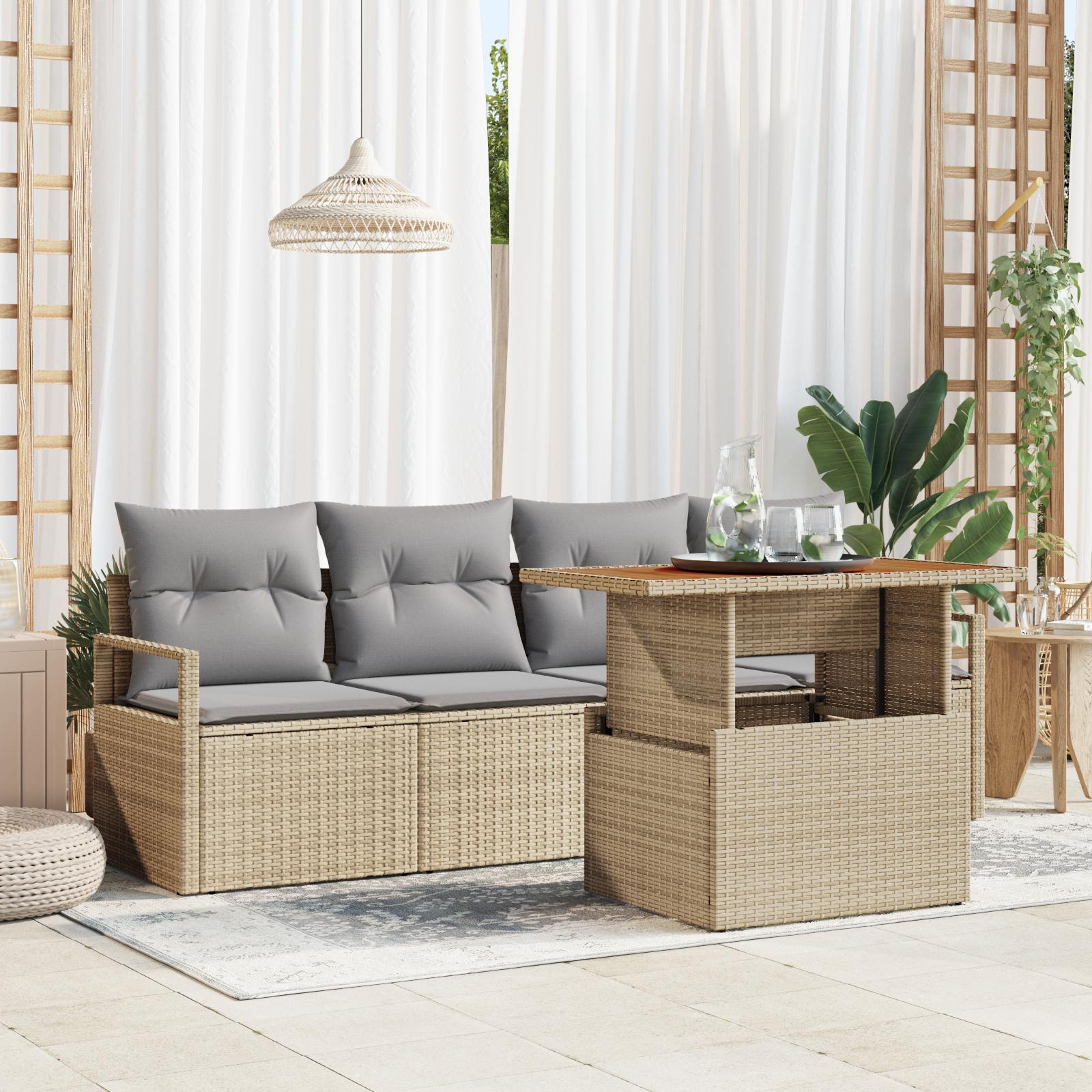 5 delt havensofa sæt med puder beige poly rattan akacietræ,  2-personers havensofa med puder beige poly rattan