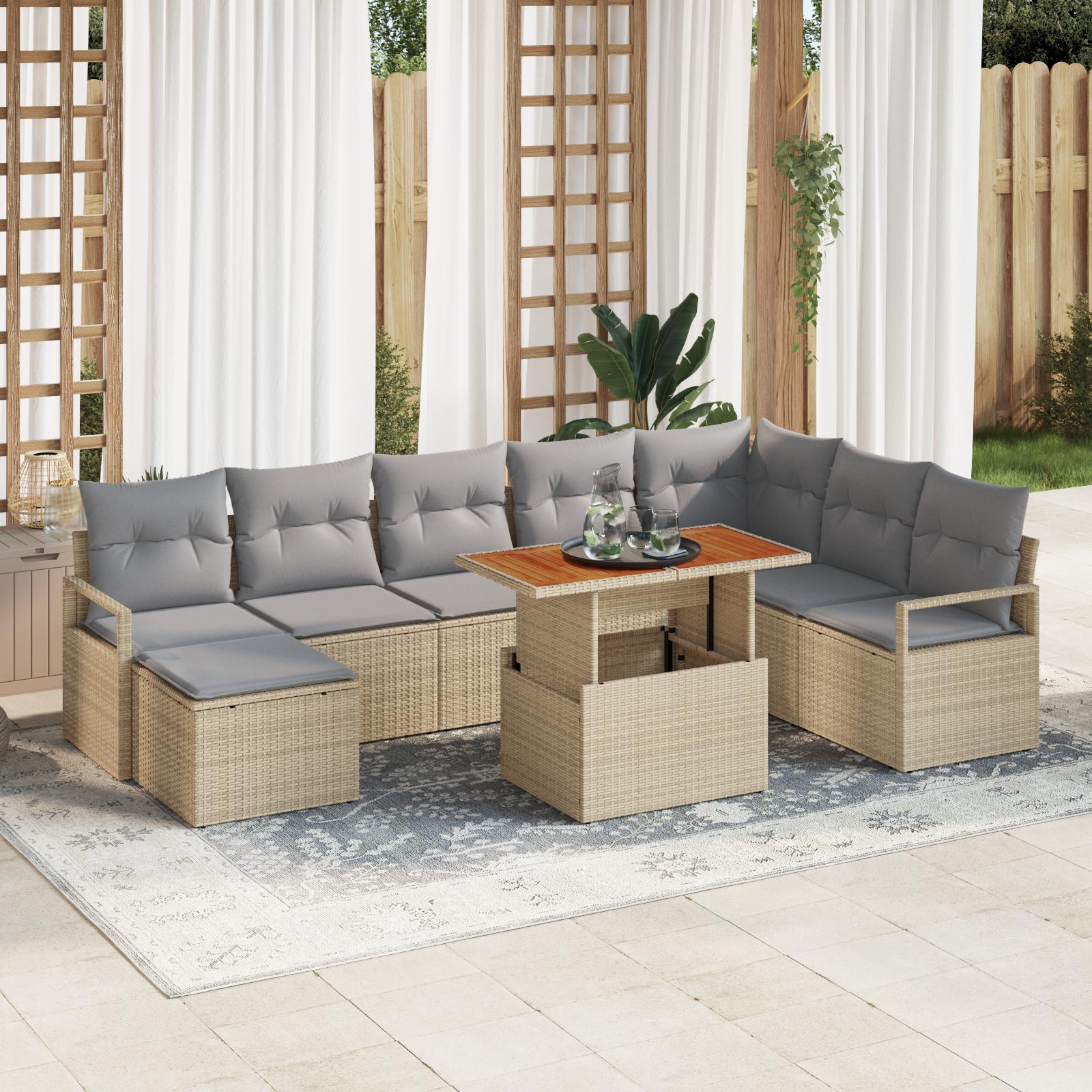 9 Stykke Have Sofa Sæt med Puder Beige Poly Rattan Akacia,  2-personers Have Sofa med Puder Beige Poly Rattan