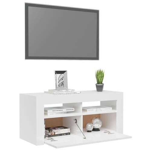 Tv-skab med LED-lys 90x35x40 cm hvid højglans