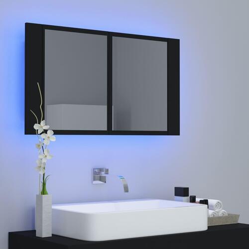 Badeværelsesskab m. spejl og LED-lys 80x12x45 cm akryl sort