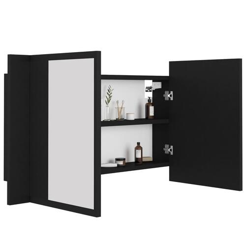 Badeværelsesskab m. spejl og LED-lys 80x12x45 cm akryl sort