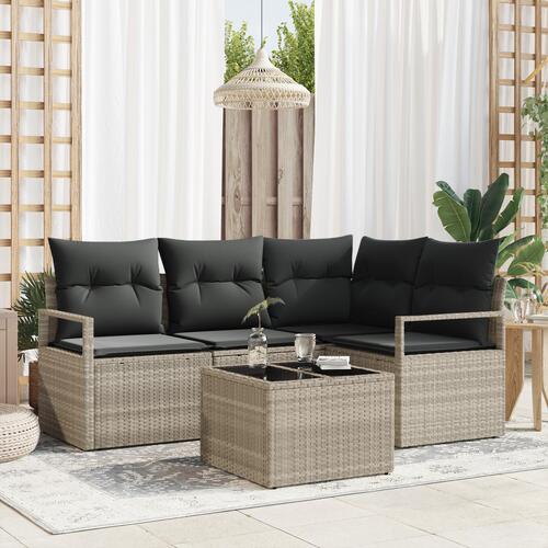 5 Stykke Have Sofa Sæt med Hynder Grå Poly Rattan, 2-Sæders Have Sofa med Opbevaring & Hynder Grå Poly Rattan