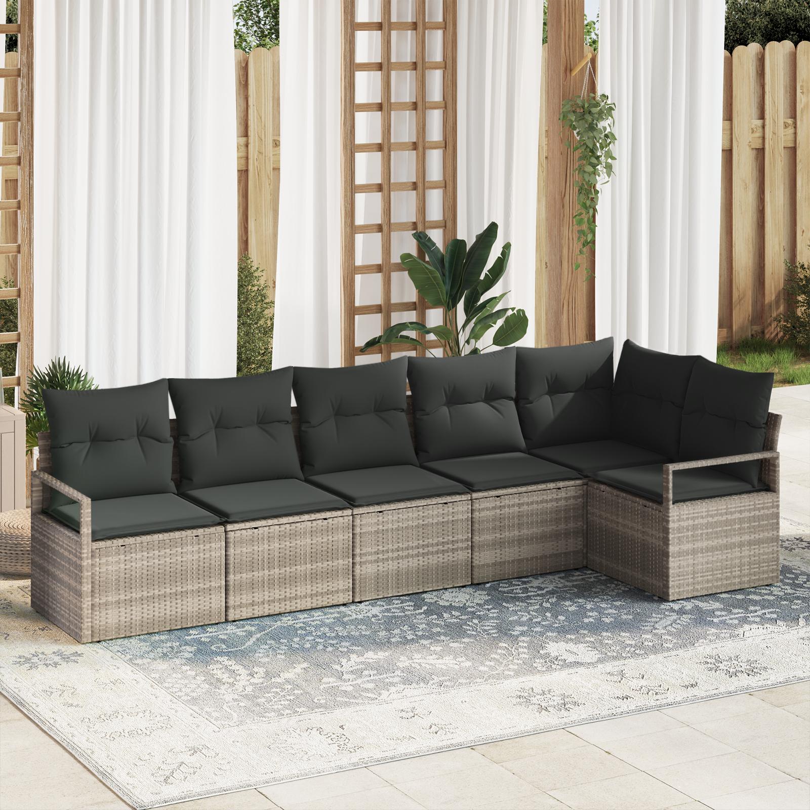 6-delt Have Sofa Sæt med Puder Lys Grå Poly Rattan, 2-personers Have Sofa med Opbevaring & Puder Grå Poly Rattan