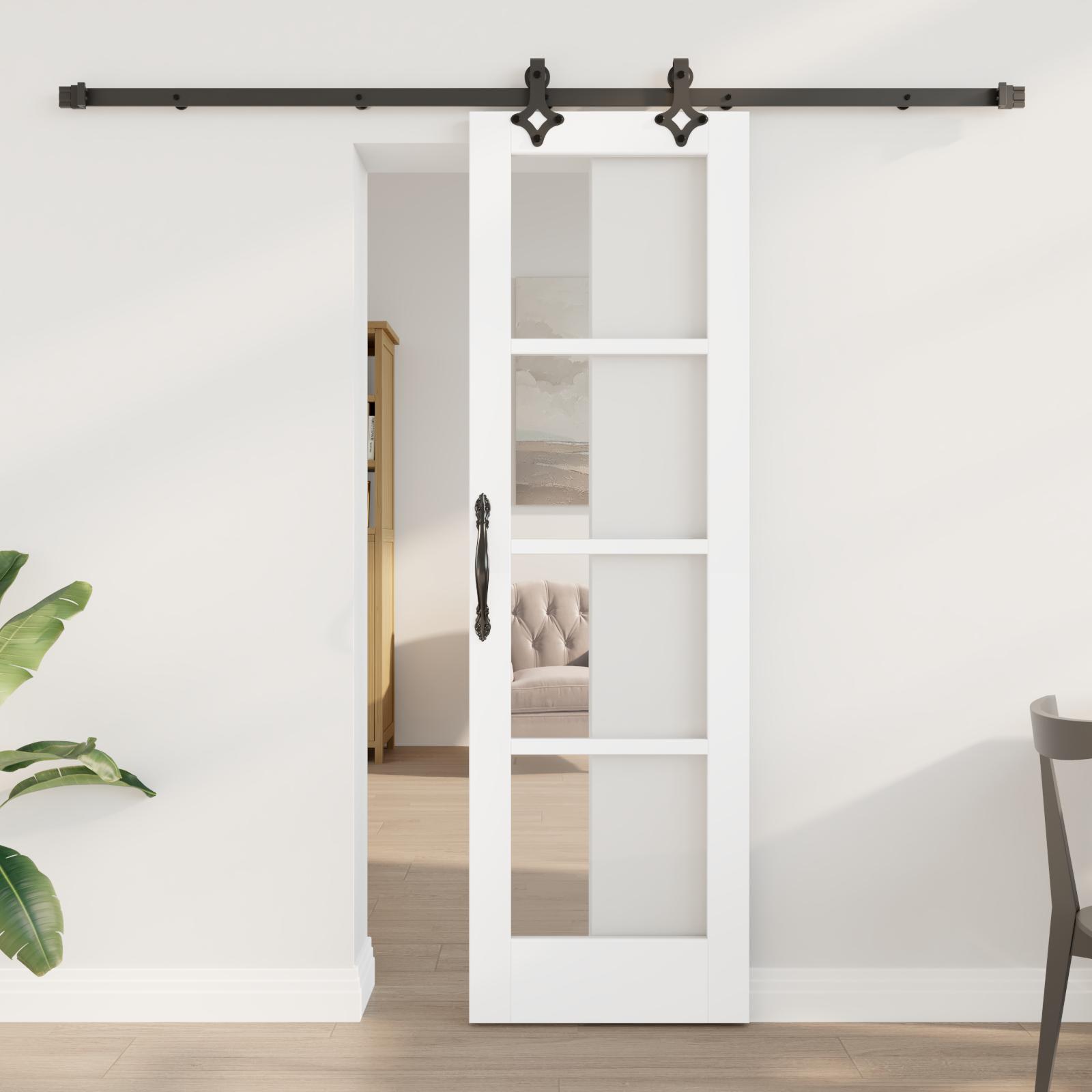 Skydedør i hvid - 61 × 198,5 cm, massivt fyrretræ og glas billede