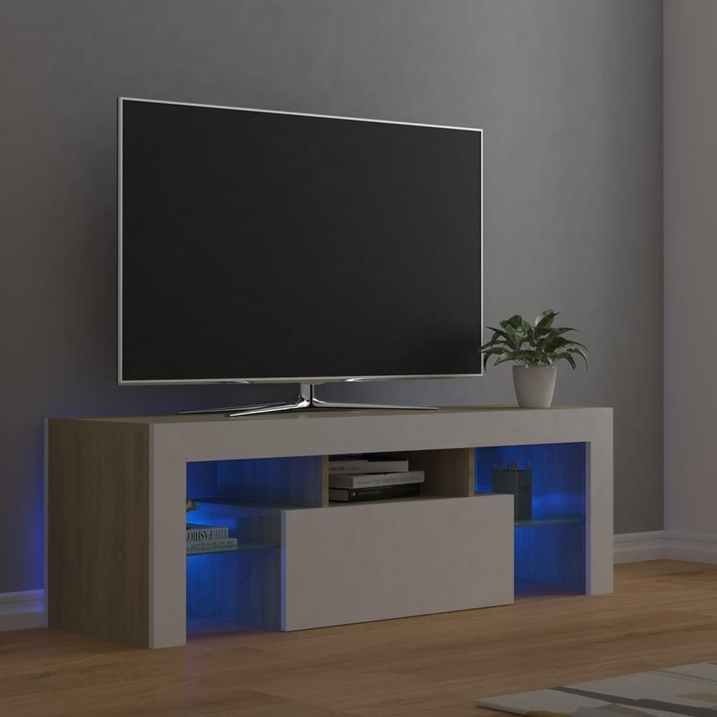 Tv-bord med LED-lys 120x35x40 cm hvid og sonoma-eg