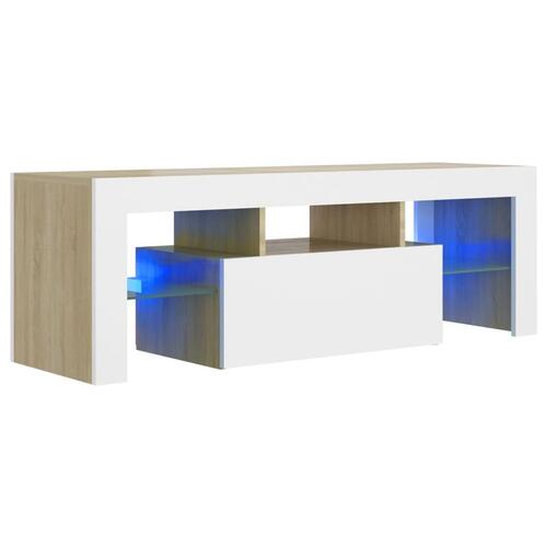 Tv-bord med LED-lys 120x35x40 cm hvid og sonoma-eg