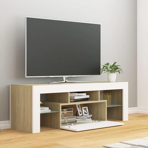 Tv-bord med LED-lys 120x35x40 cm hvid og sonoma-eg