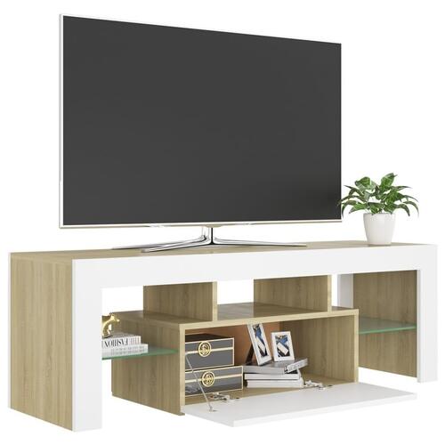 Tv-bord med LED-lys 120x35x40 cm hvid og sonoma-eg