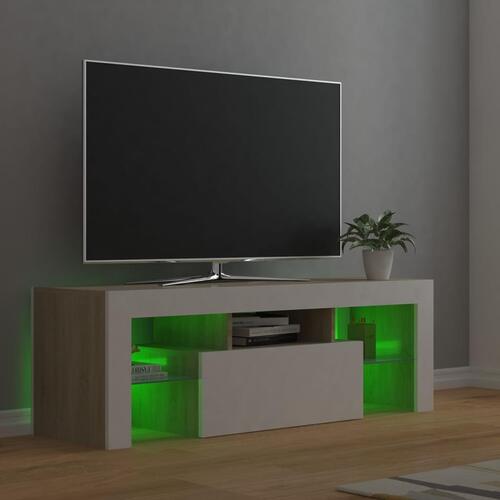 Tv-bord med LED-lys 120x35x40 cm hvid og sonoma-eg