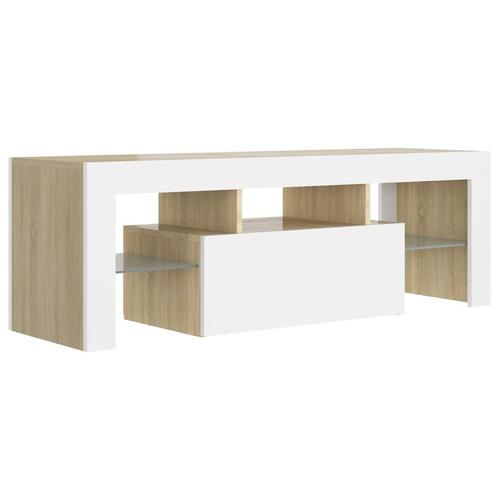 Tv-bord med LED-lys 120x35x40 cm hvid og sonoma-eg