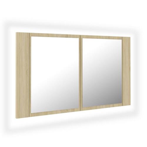Badeværelsesskab m. spejl og LED-lys 80x12x45cm akryl sonoma-eg