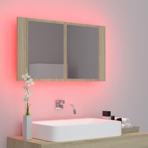 Badeværelsesskab m. spejl og LED-lys 80x12x45cm akryl sonoma-eg