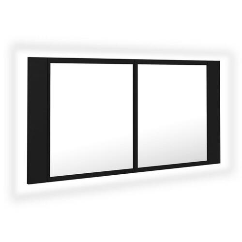 Badeværelsesskab m. spejl og LED-lys 90x12x45 cm akryl sort
