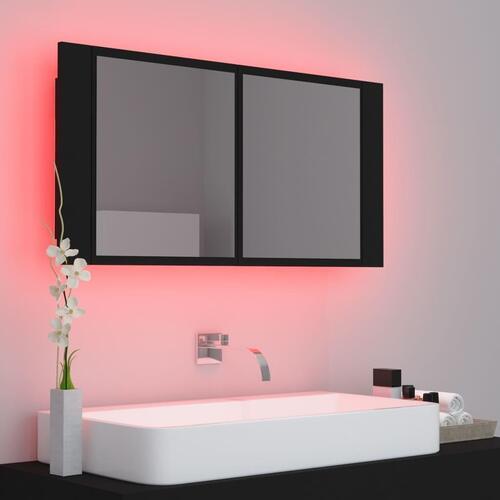 Badeværelsesskab m. spejl og LED-lys 90x12x45 cm akryl sort