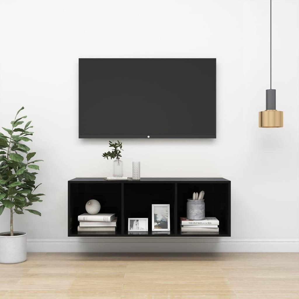Væghængt tv-skab 37x37x107 cm konstrueret træ sort højglans