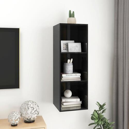 Væghængt tv-skab 37x37x107 cm konstrueret træ sort højglans