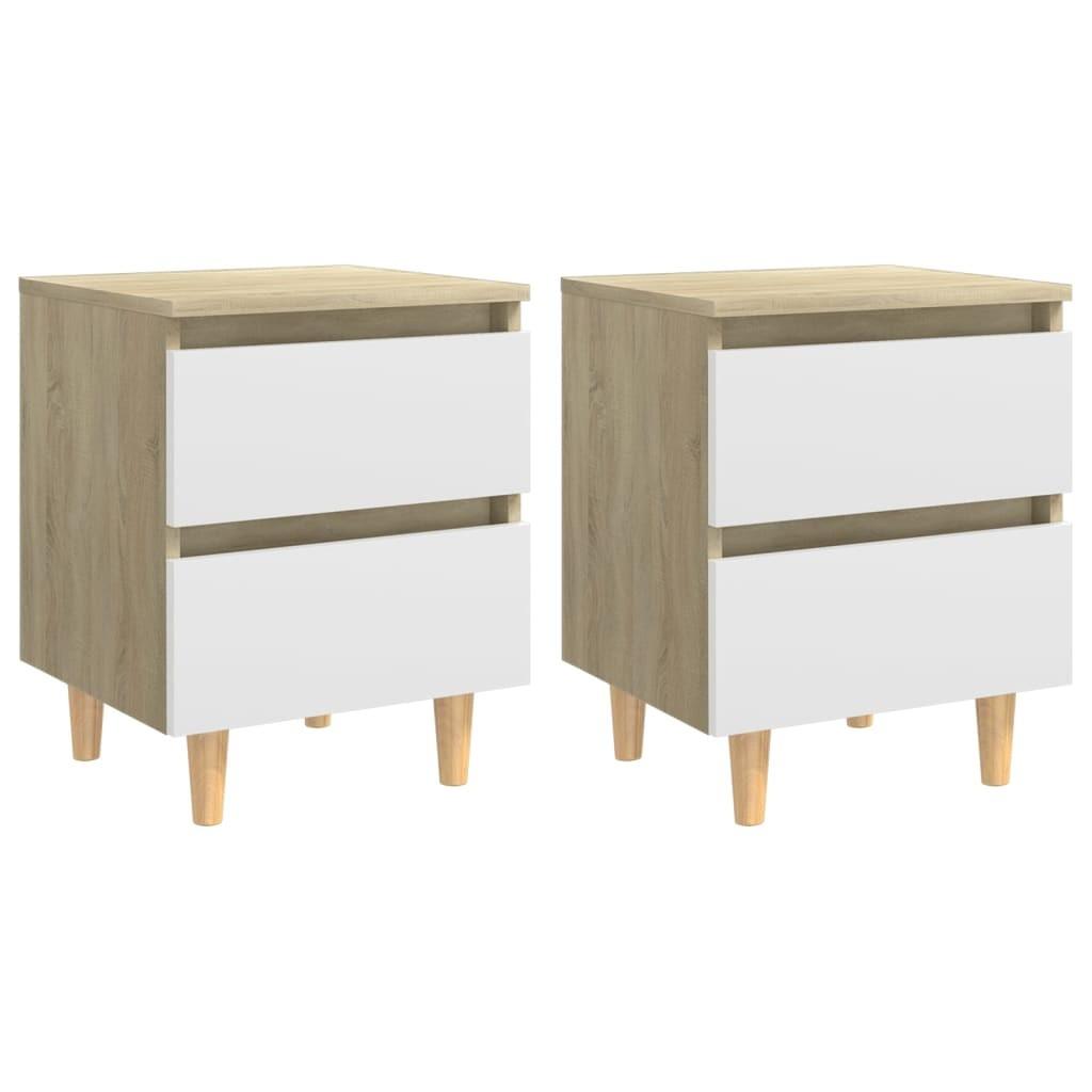 Sengeskabe med ben i massivt fyrretræ 2 stk. 40x35x50 cm hvid og sonoma-eg