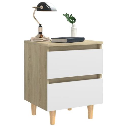 Sengeskabe med ben i massivt fyrretræ 2 stk. 40x35x50 cm hvid og sonoma-eg