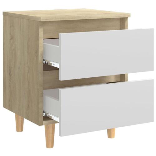 Sengeskabe med ben i massivt fyrretræ 2 stk. 40x35x50 cm hvid og sonoma-eg
