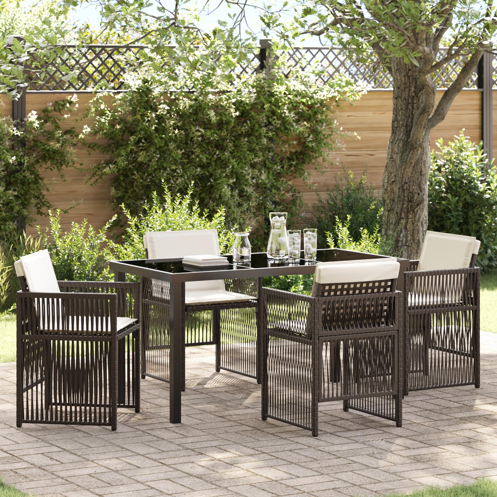 5-Delers Have Spisebordssæt med Puder Brun Poly Rattan,  Have Bord Sort 140x80x73 cm Tempereret Glas