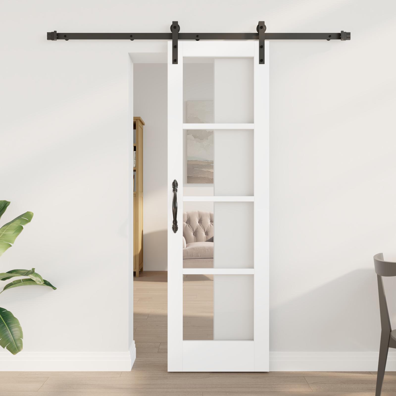 Glidende Dør med Hardware Sæt 'ORKDAL'Hvid Massivt Træ & Glas, Indvendig Dør med Glas 'ORKDAL'Hvid 61x198,5x4 cm