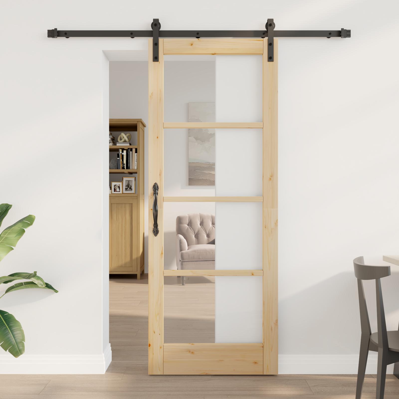 Glidende Dør med Hardware Sæt "ORKDAL" Massivt Træ & Glas,  Indvendig Dør med Glas "ORKDAL" 78x202x4 cm Massivt Træ Fyrretræ