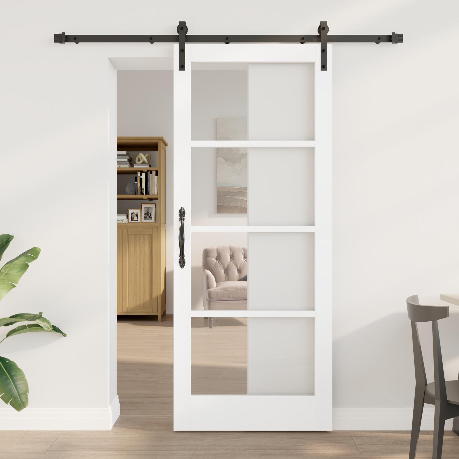 Glidedør med hardware sæt 'ORKDAL'Hvid Solid Træ & Glas,  Indvendig dør med glas 'ORKDAL'Hvid 83x202x4 cm