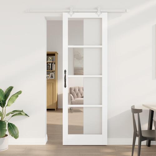Skydedør med hardware sæt Hvid 78x232 cm Massivt Fyr, Indvendig dør med glas "ORKDAL" Hvid 78x232x4 cm